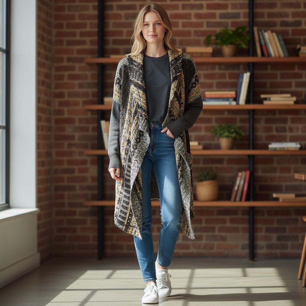 BKE Womens Mixed Knit Open Front Cardigan Grey Geometric‎ Waterfall Sweater